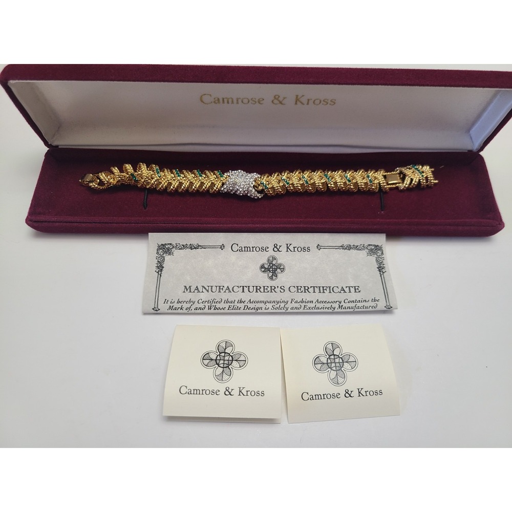 Vintage Signed JBK Jacqueline Kennedy Gold Tone Faux Emerald Rhinestone Bracelet